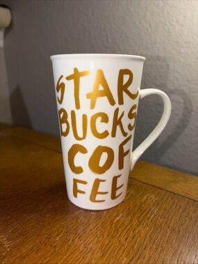 2015 Tall Starbucks White & Gold Graffiti Writing Coffee Mug 16 oz